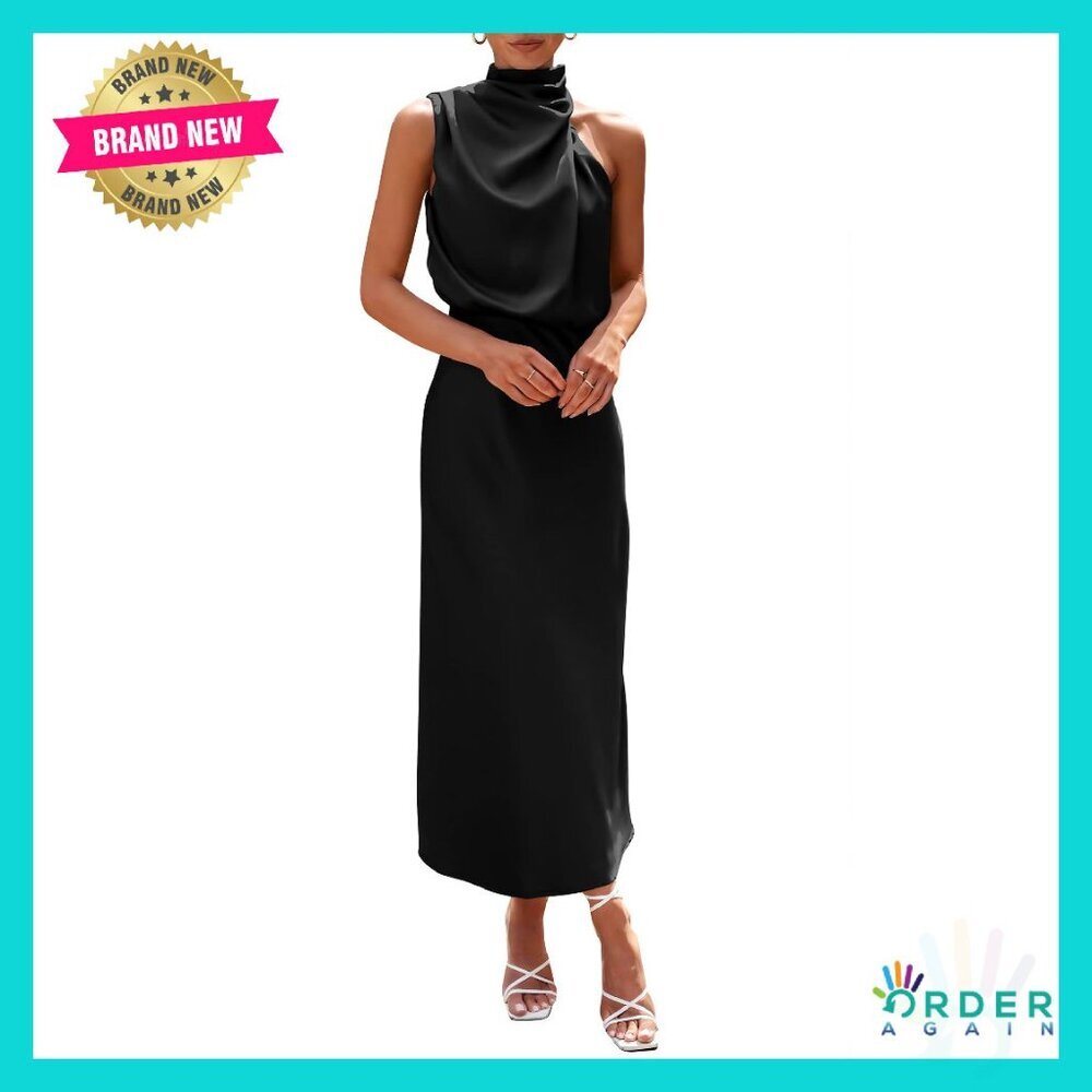Satin Maxi Dress Elegant Mock Neck Sleeveless Formal Party Chic